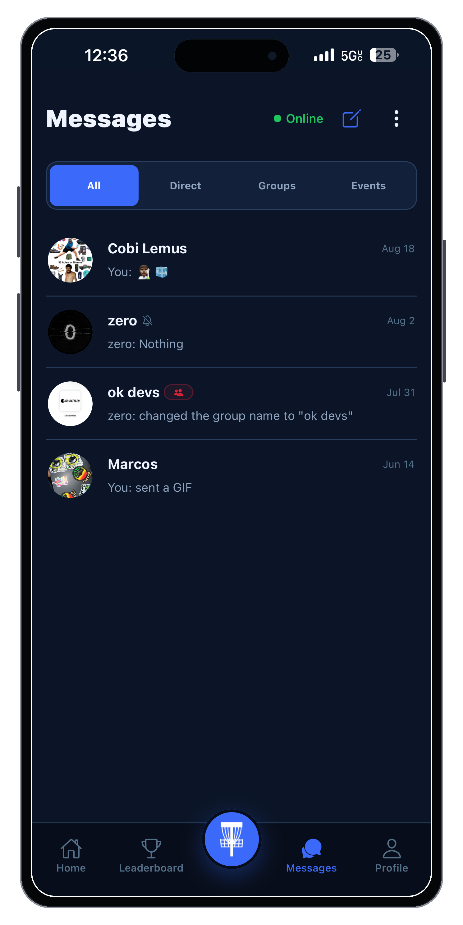 Disc Battles messages screen